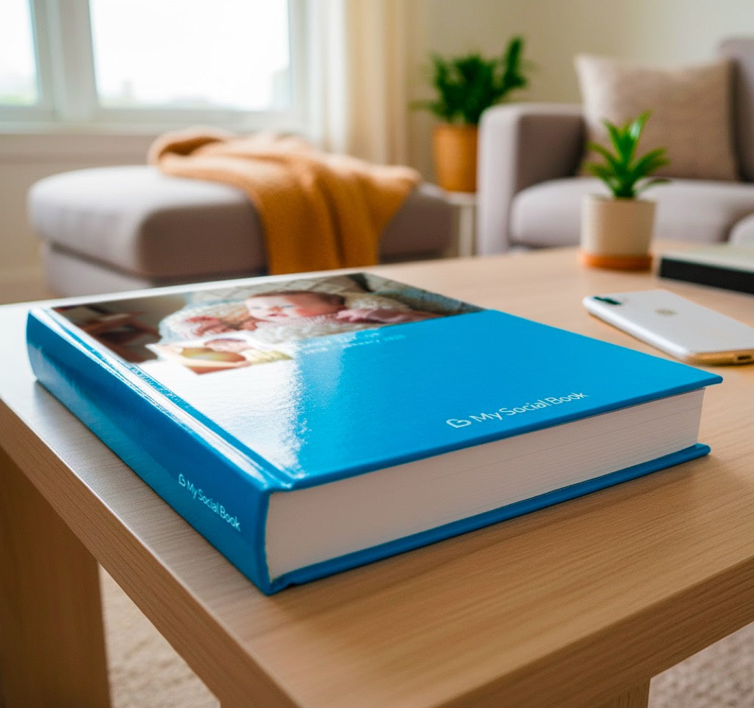 A hardcover My Social Book lying closed on a coffee table, thick enough that the spine shows