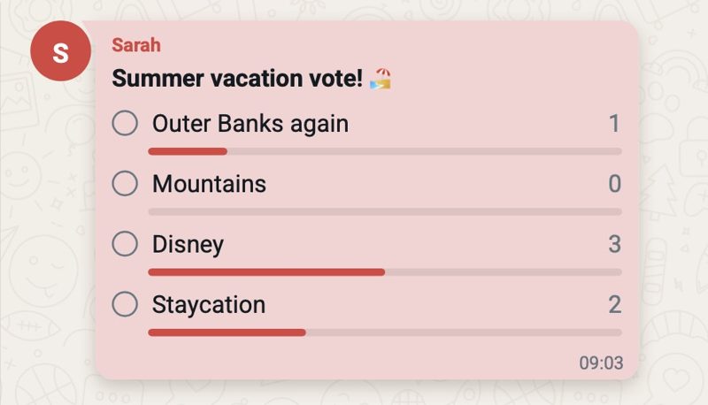 A family poll about summer vacation, printed with every option and vote count