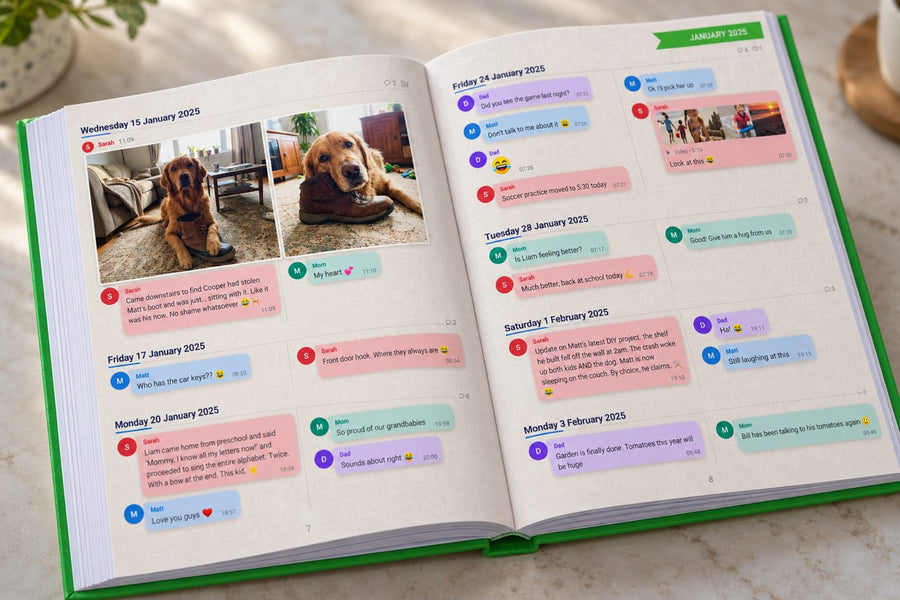 Chat bubbles in a different color for each person, next to photos of the family dog